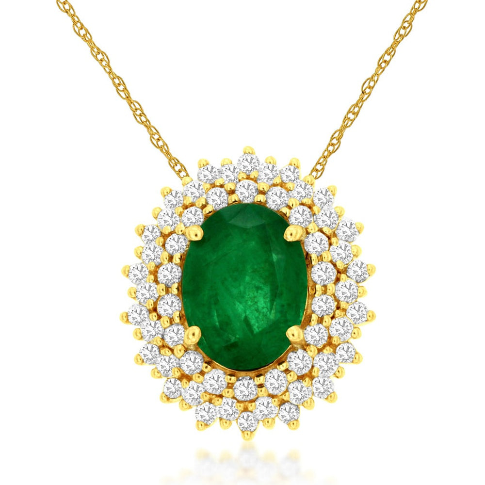 14K Yellow Gold Oval Emerald and Double Halo Diamond Pendant - 1.10 Carat Emerald and 0.33 Carat Total Diamond Weight - Royal Jewelry