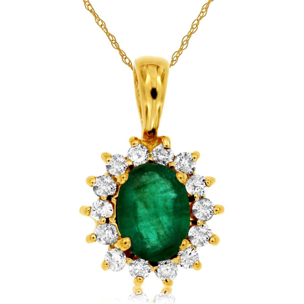 14K Yellow Gold Oval Emerald and Round Diamond Halo Pendant - 0.65 Carat Emerald and 0.30 Carat Total Diamond Weight - Royal Jewelry