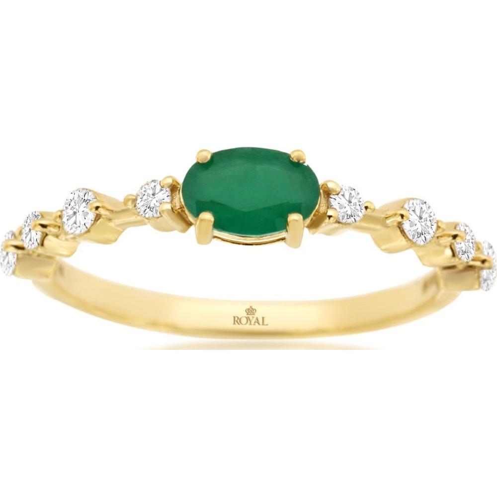 14K Yellow Gold Oval Emerald & Round Diamond Ring - 0.50 Carat Emerald, 0.25 Carat Diamond Total Weight - Royal Jewelry