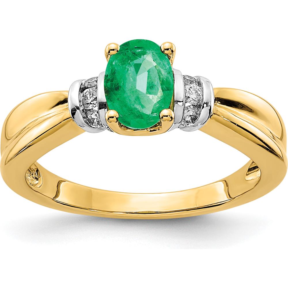 14K Yellow Gold Oval Emerald and Round Diamond Ring - 0.73 Carat Total Gem Weight by 0