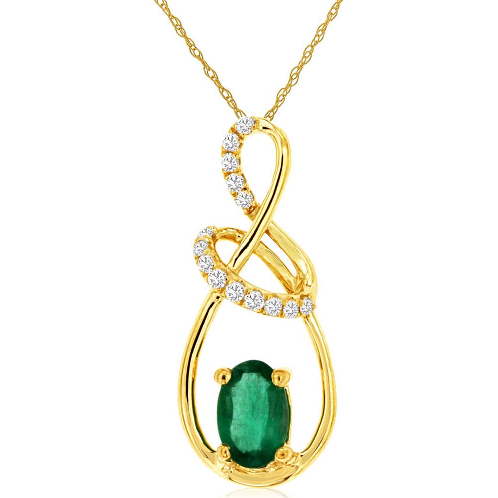 14K Yellow Gold Oval Emerald and Round Diamond Swirl Pendant - 0.44 Carat Emerald and 0.08 Carat Total Diamond Weight - Royal Jewelry