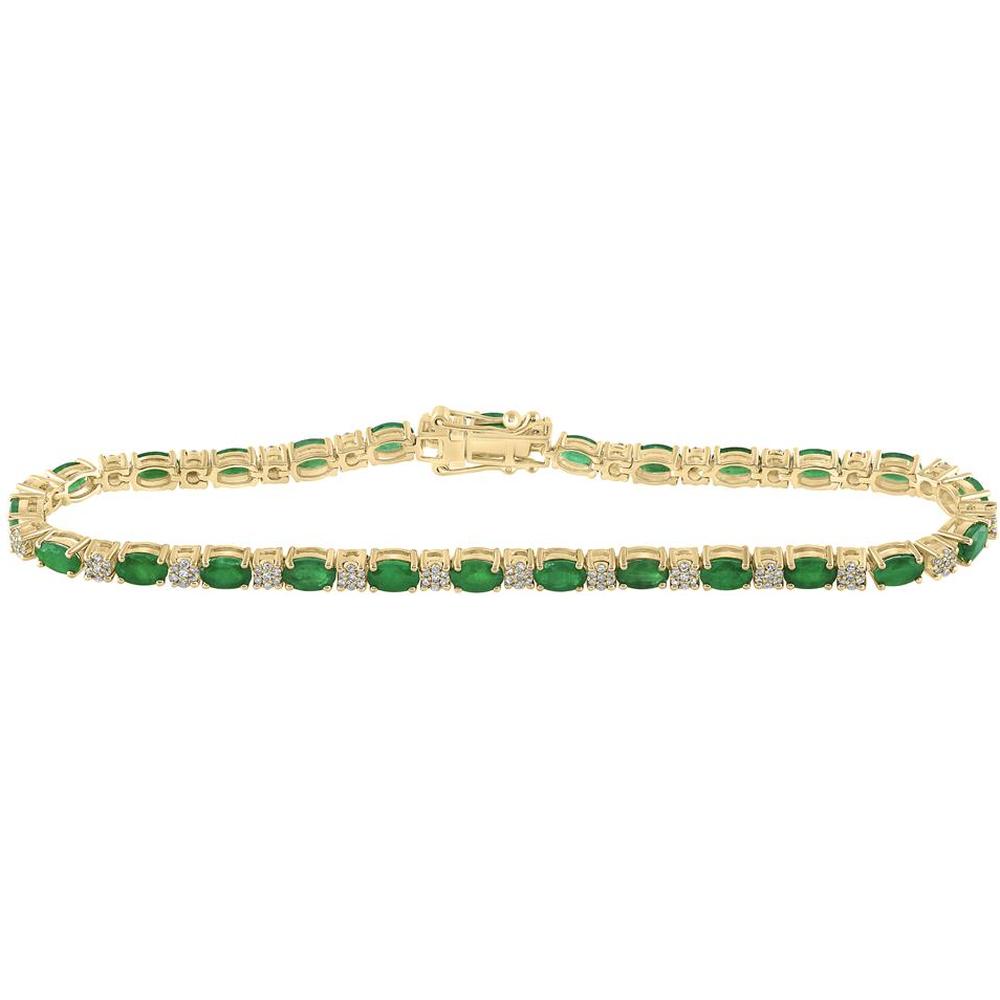 14K Yellow Gold Oval Emerald and Round Diamond Tennis Bracelet - 6.00 Carat Total Gem Weight
