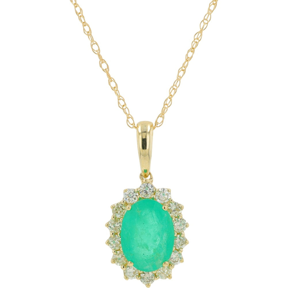 14K Yellow Gold Oval Emerald Halo Pendant with Round Diamond Accents - 0.80-1.00 Carat Emerald and 0.21 Carat Total Diamond Weight