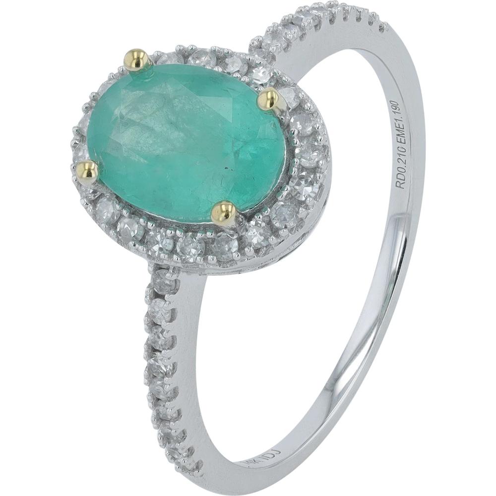 14K Yellow Gold Oval Emerald Halo Ring with 0.25 Carats Round Diamonds - 1.10 Carats Emerald Center