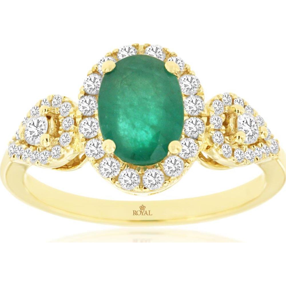 14K Yellow Gold Oval Emerald Halo Ring with Diamond Accents - 1.20 Carat Emerald and 0.50 Carat Total Diamond Weight - Royal Jewelry
