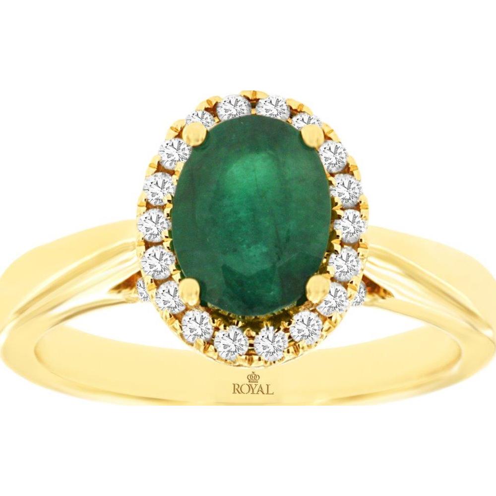 14K Yellow Gold Oval Emerald Halo Ring with Round Diamonds - 1.10 Carat Emerald & 0.34 Carat Total Diamond Weight - Royal Jewelry