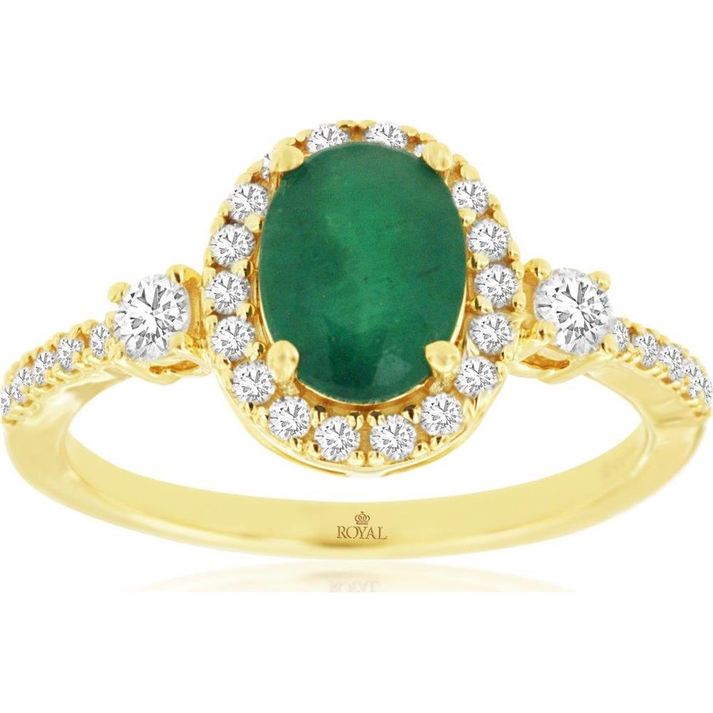 14K Yellow Gold Oval Emerald Halo Ring with Round Diamonds - 1.10 Carat Emerald and 0.40 Carat Total Diamond Weight - Royal Jewelry