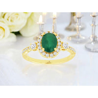 14K Yellow Gold Oval Emerald Halo Ring with Round Diamonds - 1.10 Carat Emerald and 0.40 Carat Total Diamond Weight - Royal Jewelry