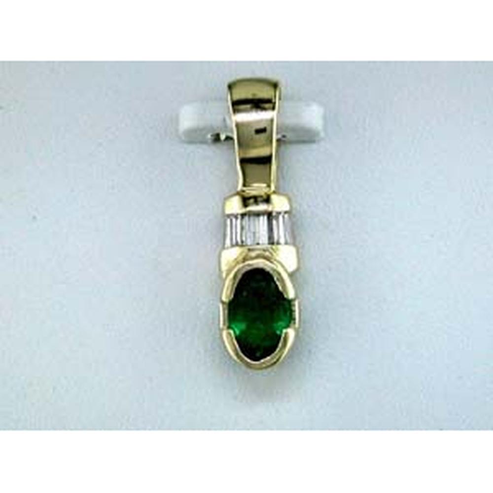 14K Yellow Gold Oval Emerald Pendant with Baguette Diamonds - 0.45 Carat Emerald and 0.10 Carat Total Diamond Weight - Royal Jewelry