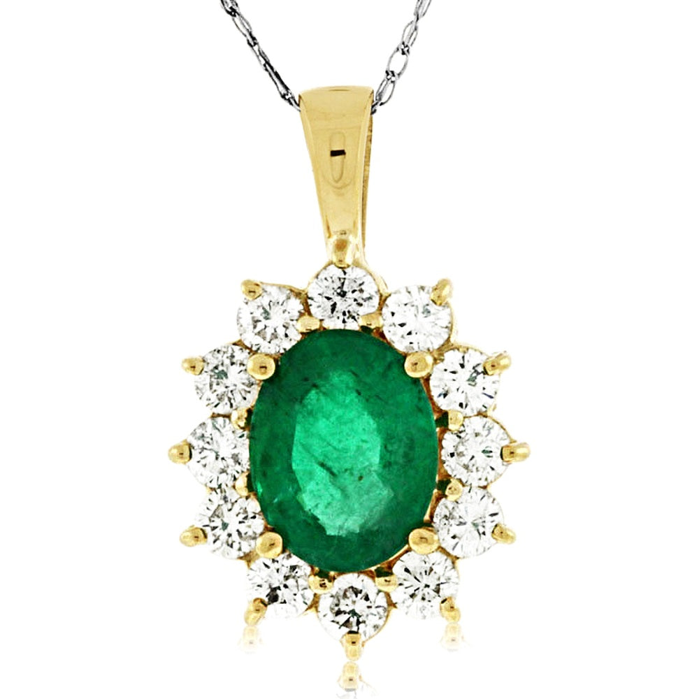 14K Yellow Gold Oval Emerald Pendant with Diamond Halo - 1.75 Carat Emerald and 1.00 Carat Total Diamond Weight - Royal Jewelry