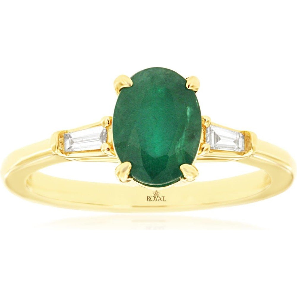 14K Yellow Gold Oval Emerald Ring with Baguette Diamond Accents - 1.10 Carat Emerald and 0.11 Carat Total Diamond Weight - Royal Jewelry