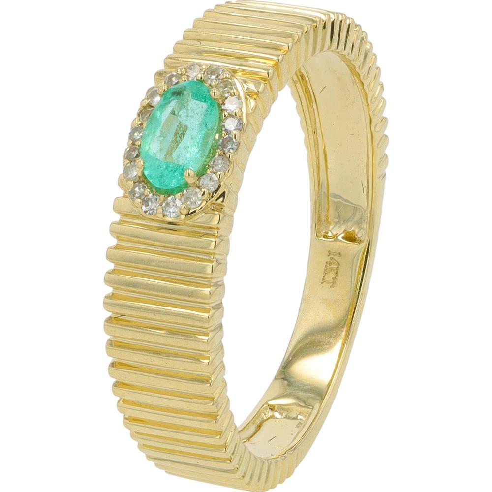 14K Yellow Gold Oval Emerald Ring with Diamond Halo - 0.25 Carat Emerald, 0.06 Carat Diamonds