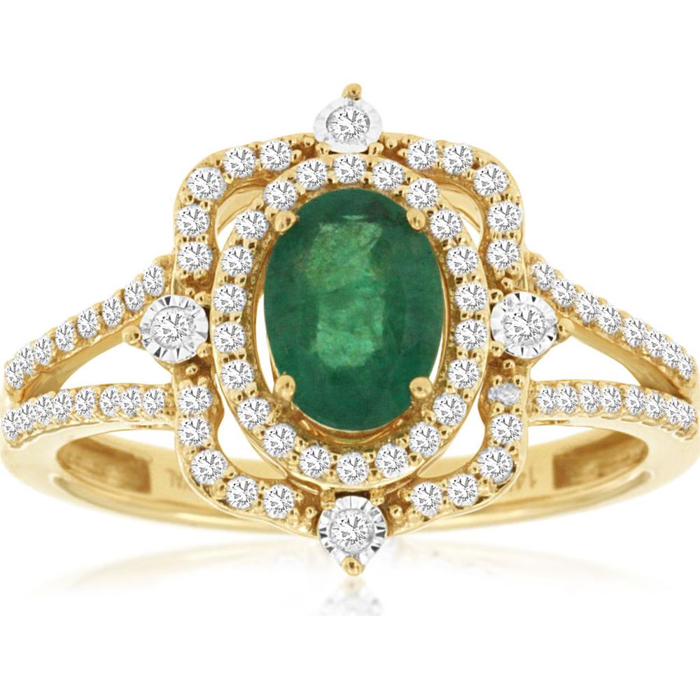 14K Yellow Gold Oval Emerald Ring with Double Halo Round Diamonds - 0.70 Carat Emerald & 0.33 Carat Total Diamond Weight - Royal Jewelry