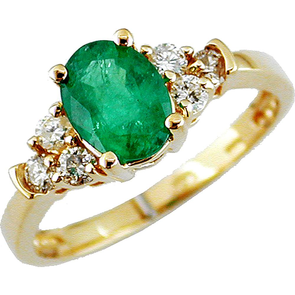 14K Yellow Gold Oval Emerald Ring with Round Diamond Accents - 1.10 Carat Emerald and 0.32 Carat Diamond Total Weight - Royal Jewelry
