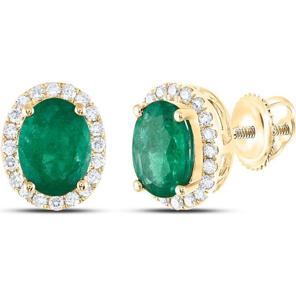 14K Yellow Gold Oval Emerald Solitaire Diamond Halo Earrings - 1.4 Carat Emerald, 0.2 Carat Diamonds