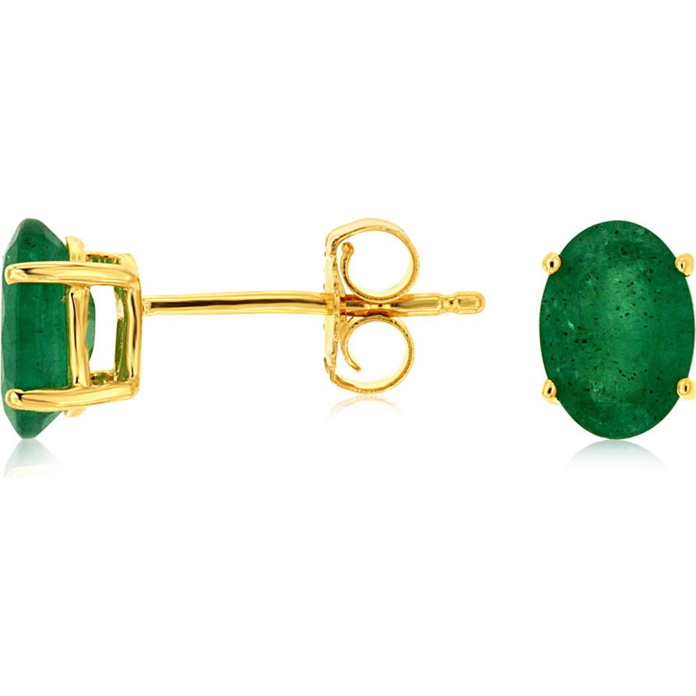 14K Yellow Gold Oval Emerald Stud Earrings with 4-Prong Settings - 1.50 Carat Total Emerald Weight - Royal Jewelry