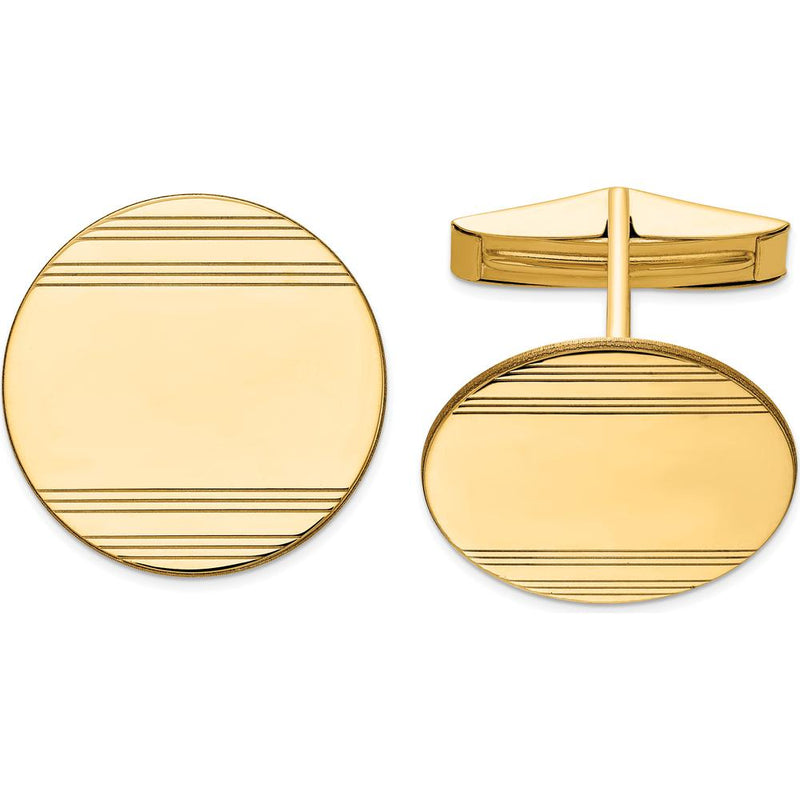 14K Yellow Gold Oval Engravable Cuff Links with Polished Finish and Line Detailing by Oro Pregiato