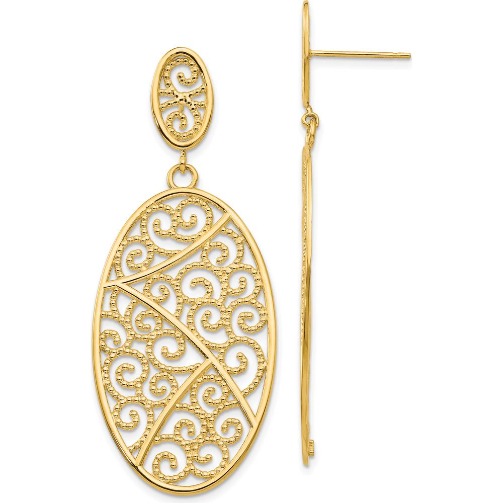14K Yellow Gold Oval Filigree Dangle Earrings with Post & Push Back Closure by 0