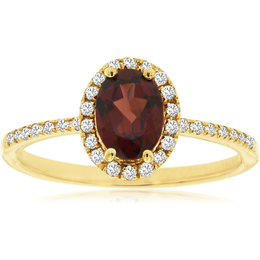 14K Yellow Gold Oval Garnet and Diamond Halo Ring - 0.90 Carat Garnet and 0.17 Carat Total Diamond Weight - Royal Jewelry