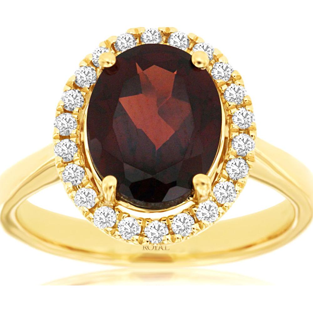 14K Yellow Gold Oval Garnet and Diamond Halo Ring - 2.75 Carat Garnet, 0.25 Carat Diamond Total Weight - Royal Jewelry