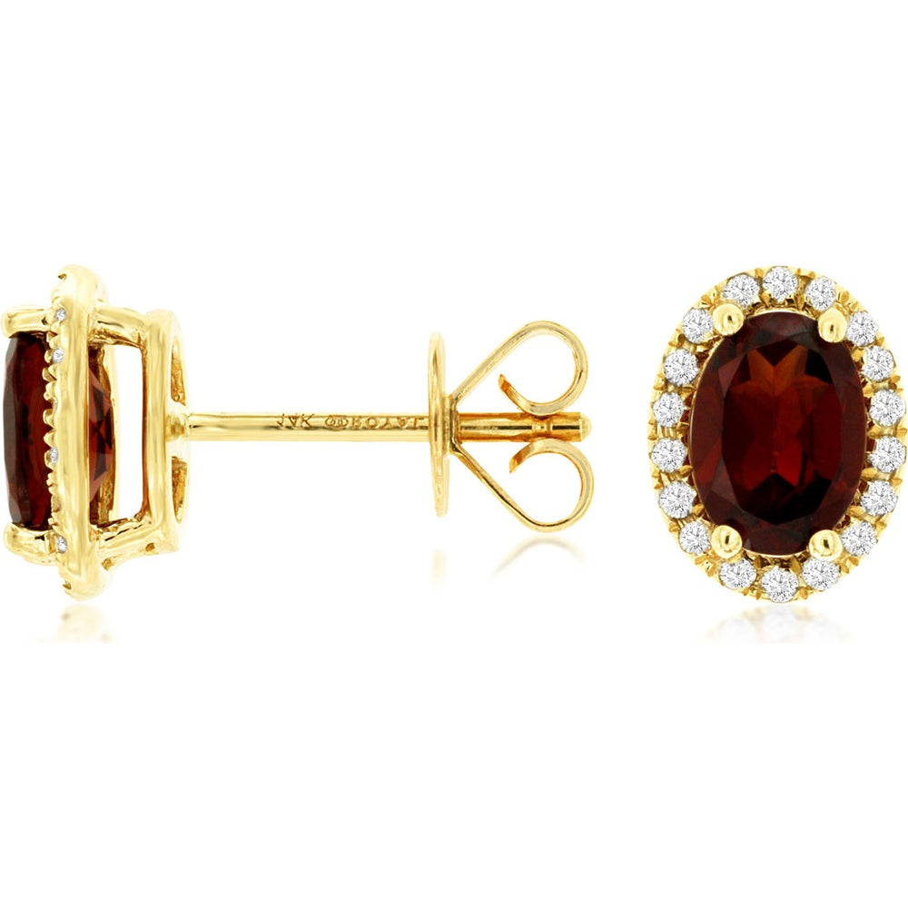 14K Yellow Gold Oval Garnet and Diamond Halo Stud Earrings - 1.80 Carat Total Garnet Weight and 0.19 Carat Total Diamond Weight - Royal Jewelry