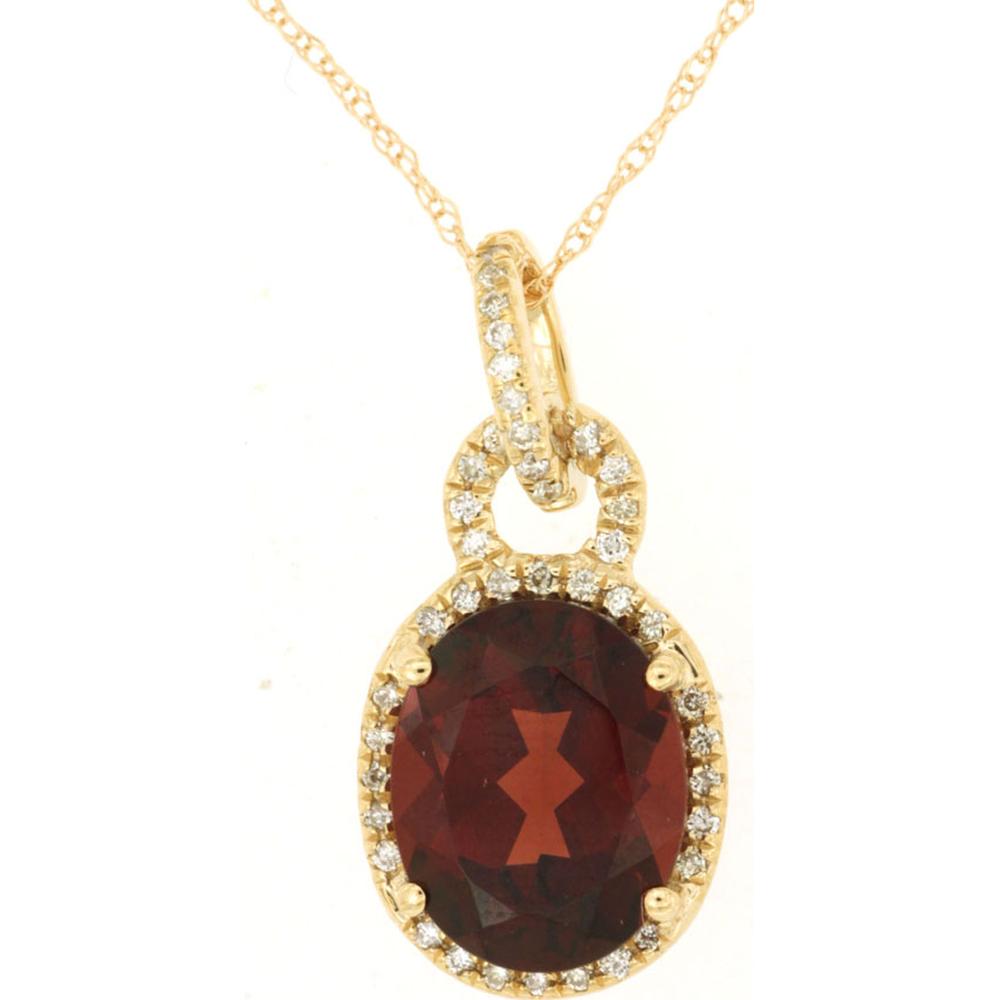14K Yellow Gold Oval Garnet Pendant with Diamond Halo Bail - 2.75 Carat Garnet & 0.12 Carat Diamonds - Royal Jewelry