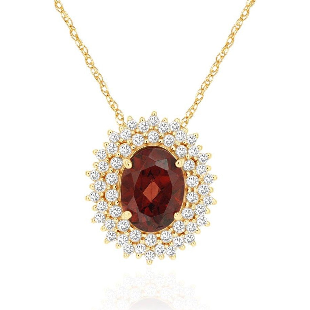 14K Yellow Gold Oval Garnet Pendant with Double Halo Round Diamonds - 1.45 Carat Garnet and 0.33 Carat Total Diamond Weight - Royal Jewelry