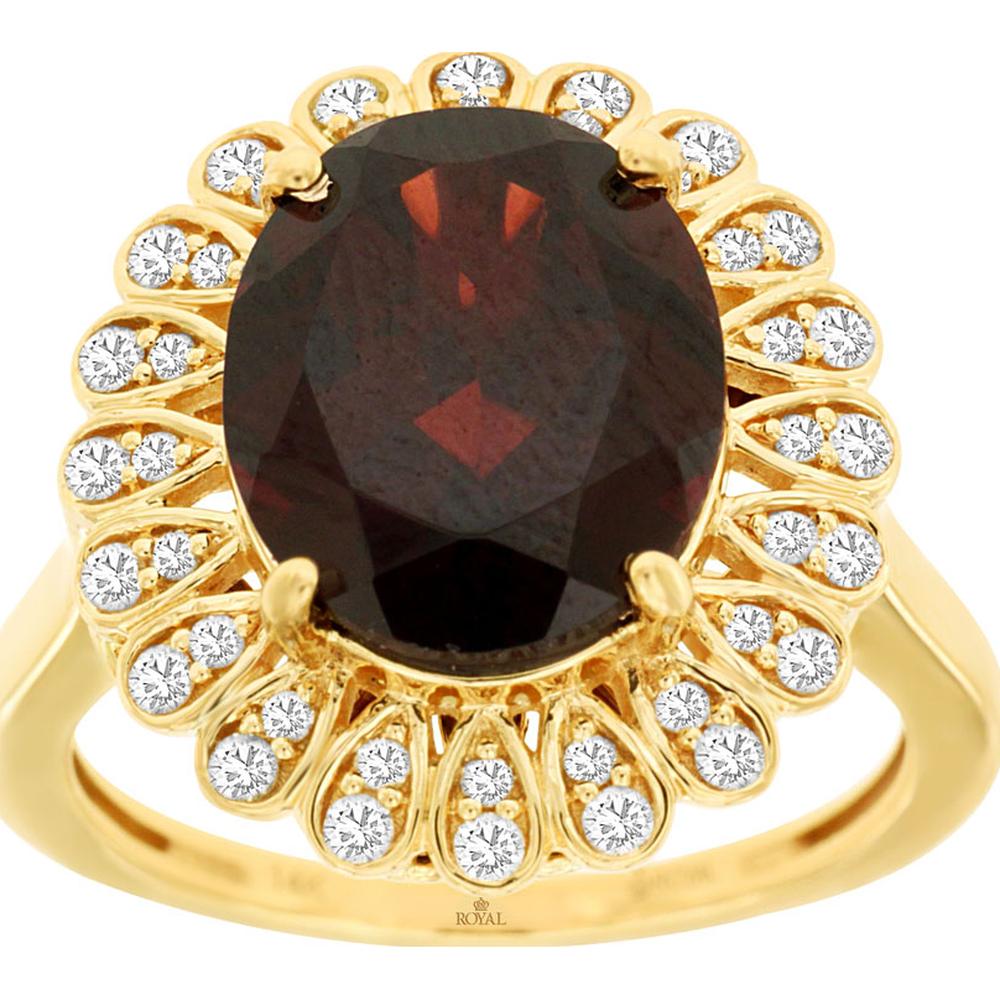 14K Yellow Gold Oval Garnet Ring with Diamond Halo - 5.50 Carat Garnet & 0.33 Carat Total Diamond Weight - Royal Jewelry