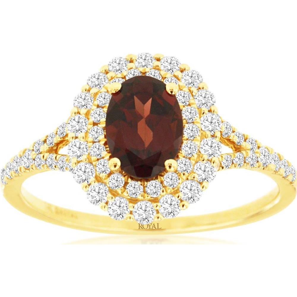 14K Yellow Gold Oval Garnet Ring with Double Halo Round Diamonds - 0.90 Carat Garnet & 0.50 Carat Total Diamond Weight - Royal Jewelry