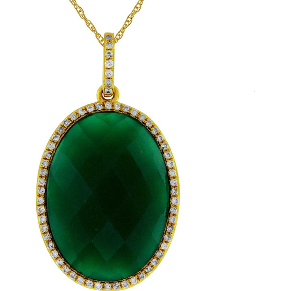 14K Yellow Gold Oval Green Agate Pendant with Round Diamond Halo and Diamond-Accented Bail - 0.18 Total Diamond Carat Weight - Royal Jewelry
