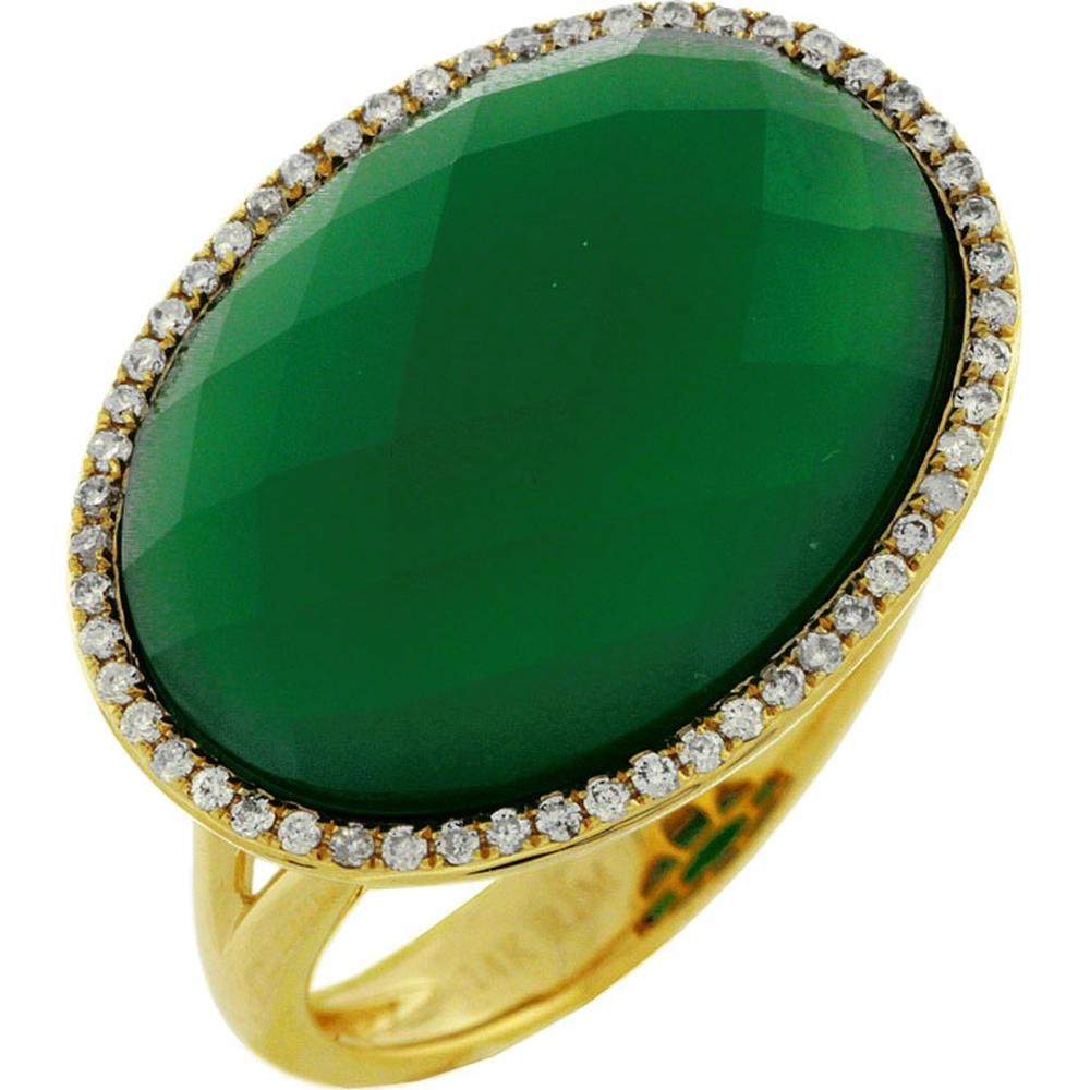 14K Yellow Gold Oval Green Agate Ring with Round Diamond Halo - 0.18 Carat Total Diamond Weight - Royal Jewelry