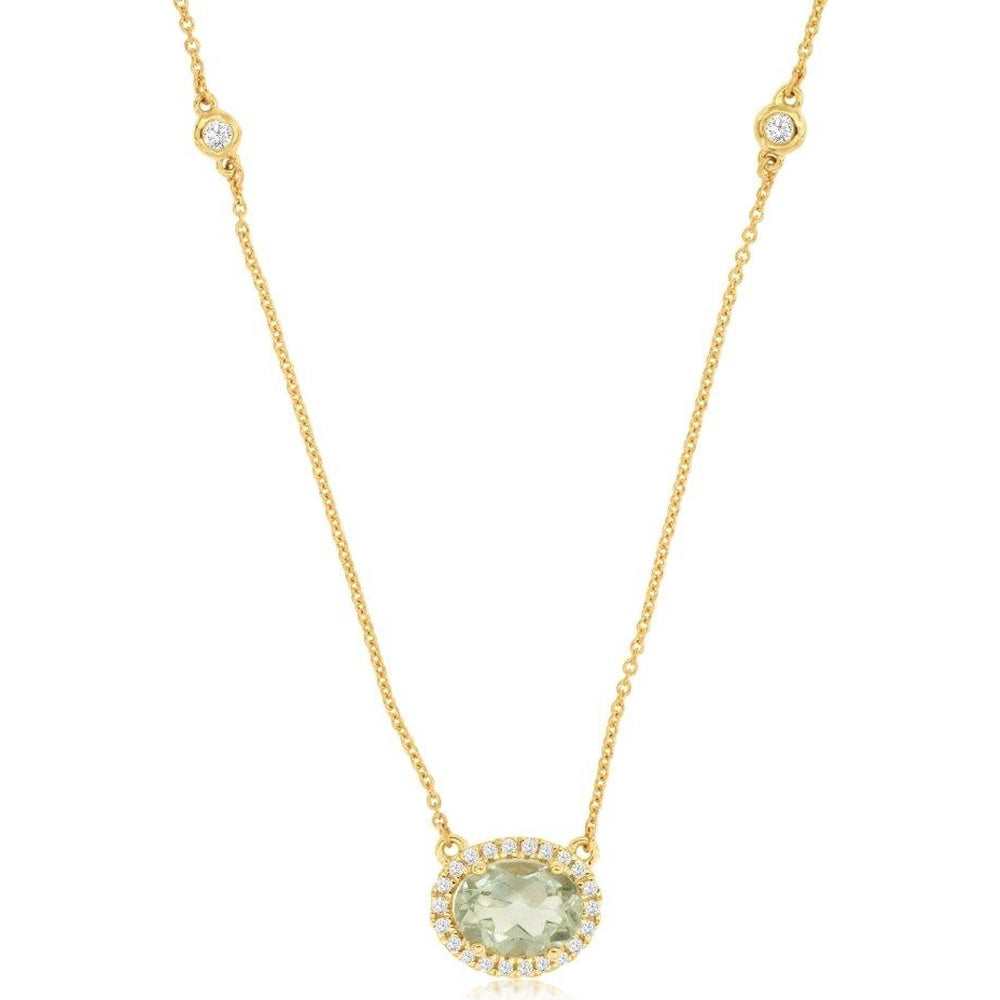 14K Yellow Gold Oval Green Amethyst and Diamond Halo Pendant Necklace with Bezel-Set Station Accents - 0.75 Carat Green Amethyst and 0.27 Carat Diamond Total Weight - Royal Jewelry