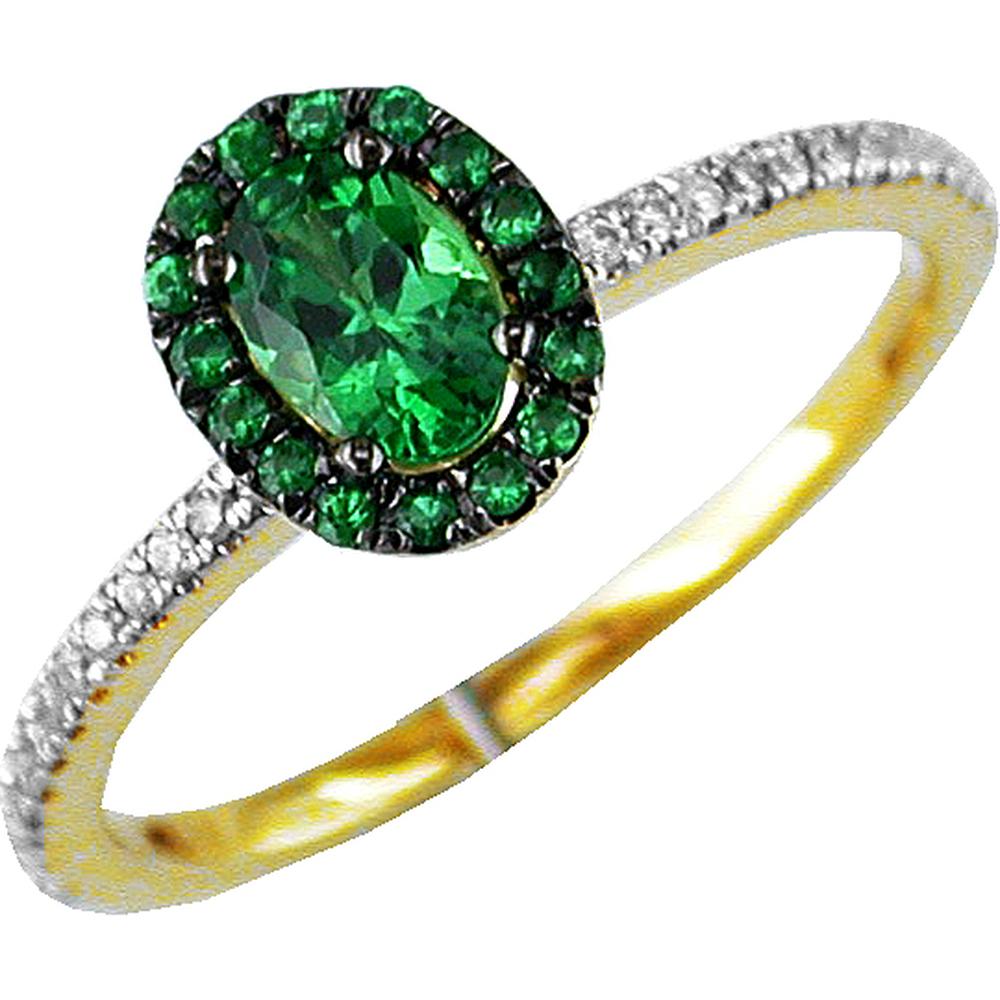 14K Yellow Gold Oval Green Garnet and Round Diamond Halo Ring - 0.60 Carat Green Garnet and 0.14 Carat Total Diamond Weight - Royal Jewelry