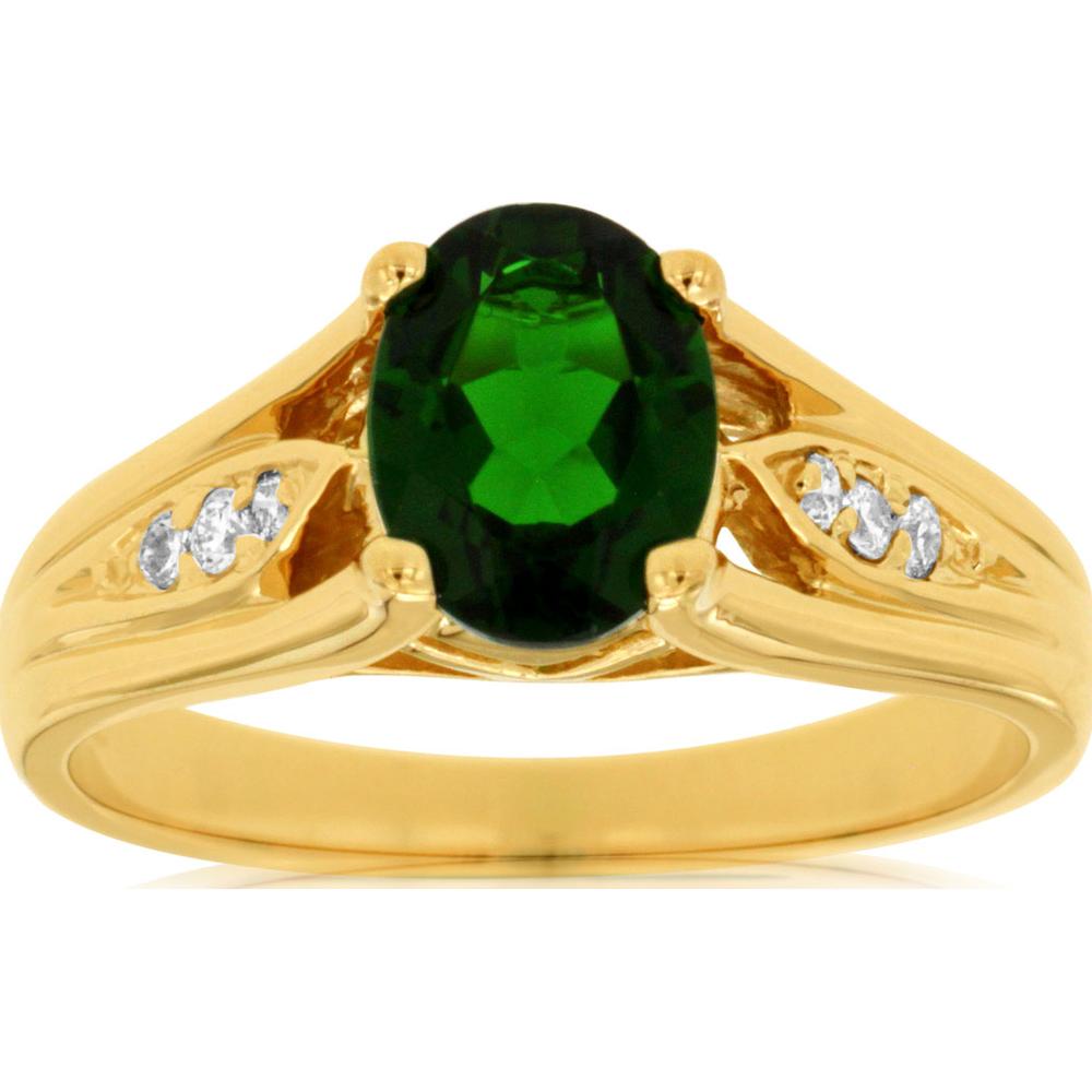 14K Yellow Gold Oval Green Russalite Ring with Diamond Accents - 1.30 Carats Russalite and 0.10 Carats Diamond Weight - Royal Jewelry