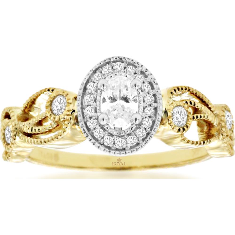 14K Yellow Gold Oval Halo Diamond Engagement Ring with Round Accent Diamonds - 0.40 Carats - Royal Jewelry