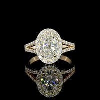 14K Yellow Gold Oval Halo Split Shank Ring with 1.02 Carat D VS1 Lab Diamond and 0.42 Carat Double Halo of Brilliant Round Lab Diamonds - 1.44 Total Carat Weight - Covaloro Fine Jewelry