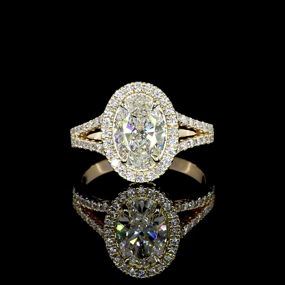 14K Yellow Gold Oval Halo Split Shank Ring with 1.02 Carat D VS1 Lab Diamond and 0.42 Carat Double Halo of Brilliant Round Lab Diamonds - 1.44 Total Carat Weight - Covaloro Fine Jewelry