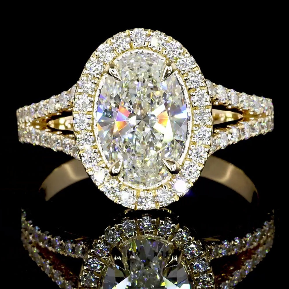 14K Yellow Gold Oval Halo Split Shank Ring with 1.02 Carat D VS1 Lab Diamond and 0.42 Carat Double Halo of Brilliant Round Lab Diamonds - 1.44 Total Carat Weight - Covaloro Fine Jewelry