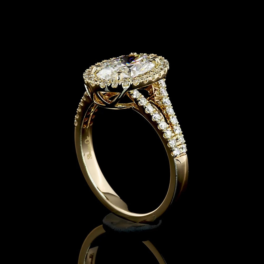 14K Yellow Gold Oval Halo Split Shank Ring with 1.02 Carat D VS1 Lab Diamond and 0.42 Carat Double Halo of Brilliant Round Lab Diamonds - 1.44 Total Carat Weight - Covaloro Fine Jewelry