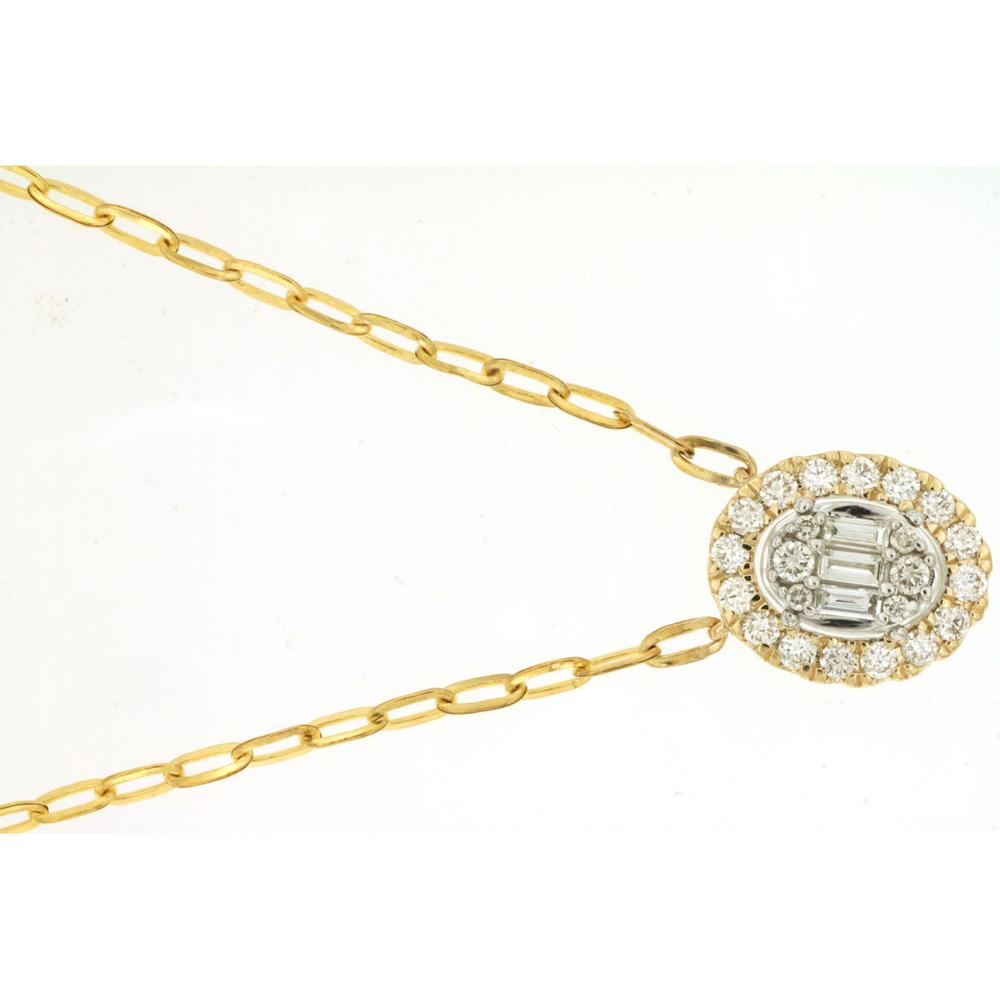 14K Yellow Gold Oval Halo Station Necklace with Round and Baguette Diamonds - 0.50 Carat Total Diamond Weight - Royal Jewelry