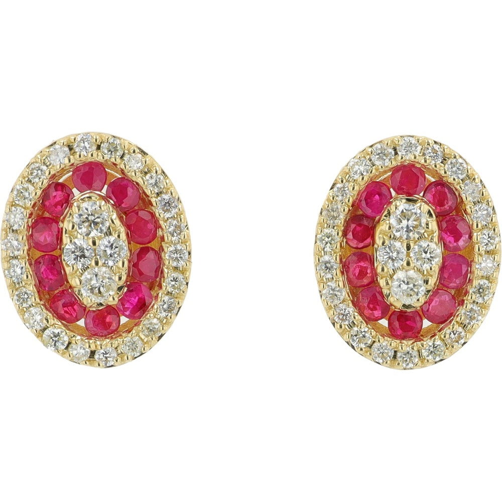 14K Yellow Gold Oval Halo Stud Earrings with Cluster Diamonds and Ruby Gemstones - 0.25 Carat Total Diamond Weight and 0.25-0.35 Carat Total Ruby Weight