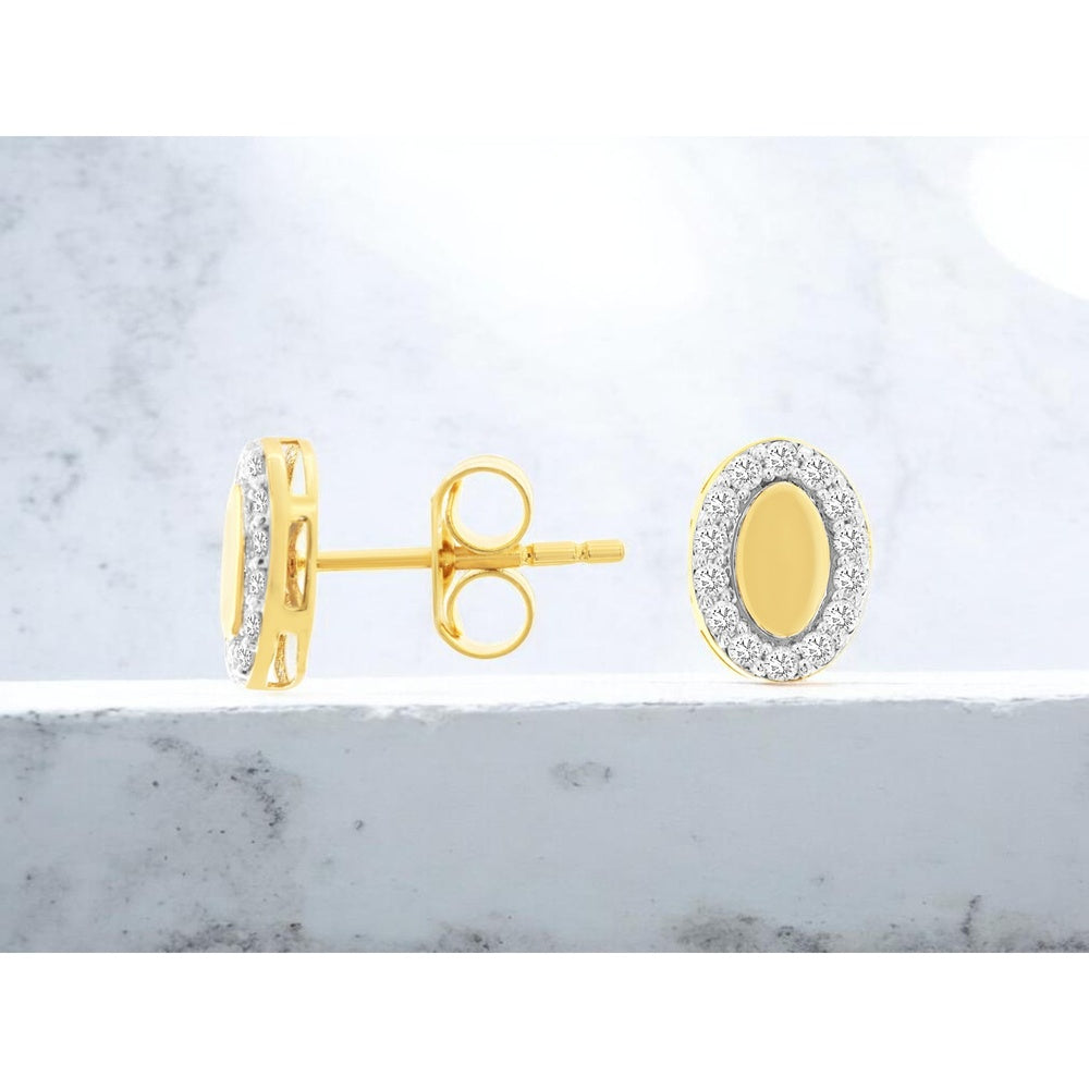 14K Yellow Gold Oval Halo Stud Earrings with Round Brilliant Cut Diamonds - 0.19 Carat Total Diamond Weight - Royal Jewelry