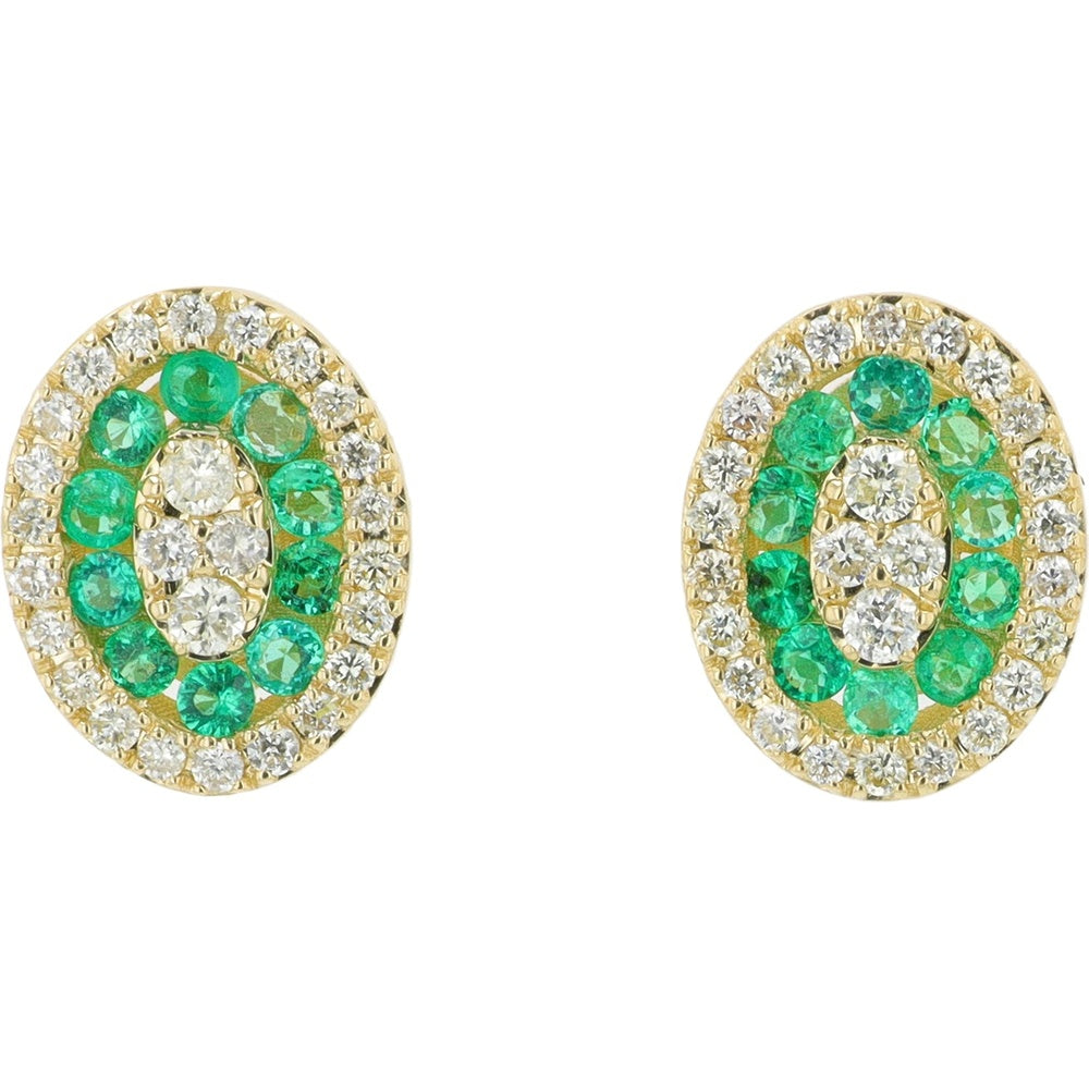 14K Yellow Gold Oval Halo Stud Earrings with Round Diamonds and Round Emeralds - 0.25 Carat Total Diamond Weight and 0.25 - 0.35 Carat Total Emerald Weight