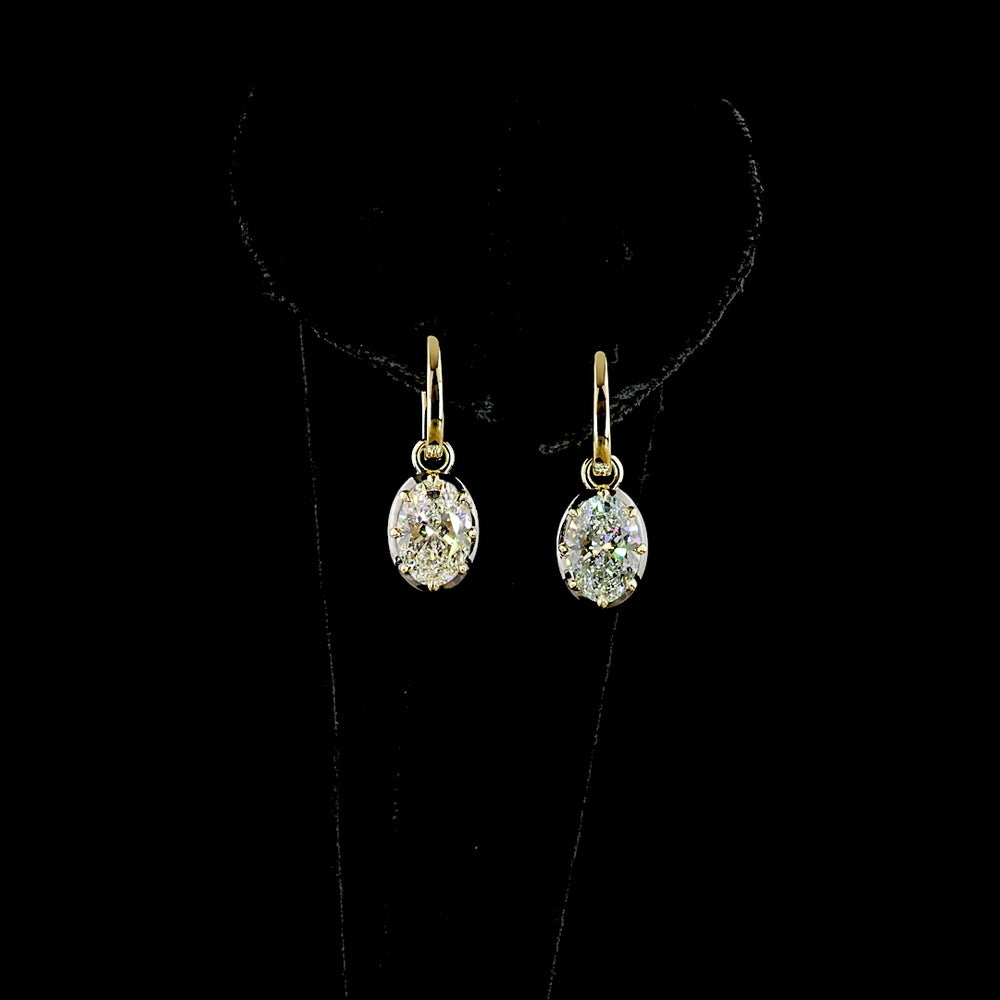 14K Yellow Gold Oval Hanging Earrings with Black Rhodium Bezel and Prong Set Lab Diamonds - 3.09 Carat Total Diamond Weight (E-F Color, VS1 Clarity) - Covaloro Fine Jewelry