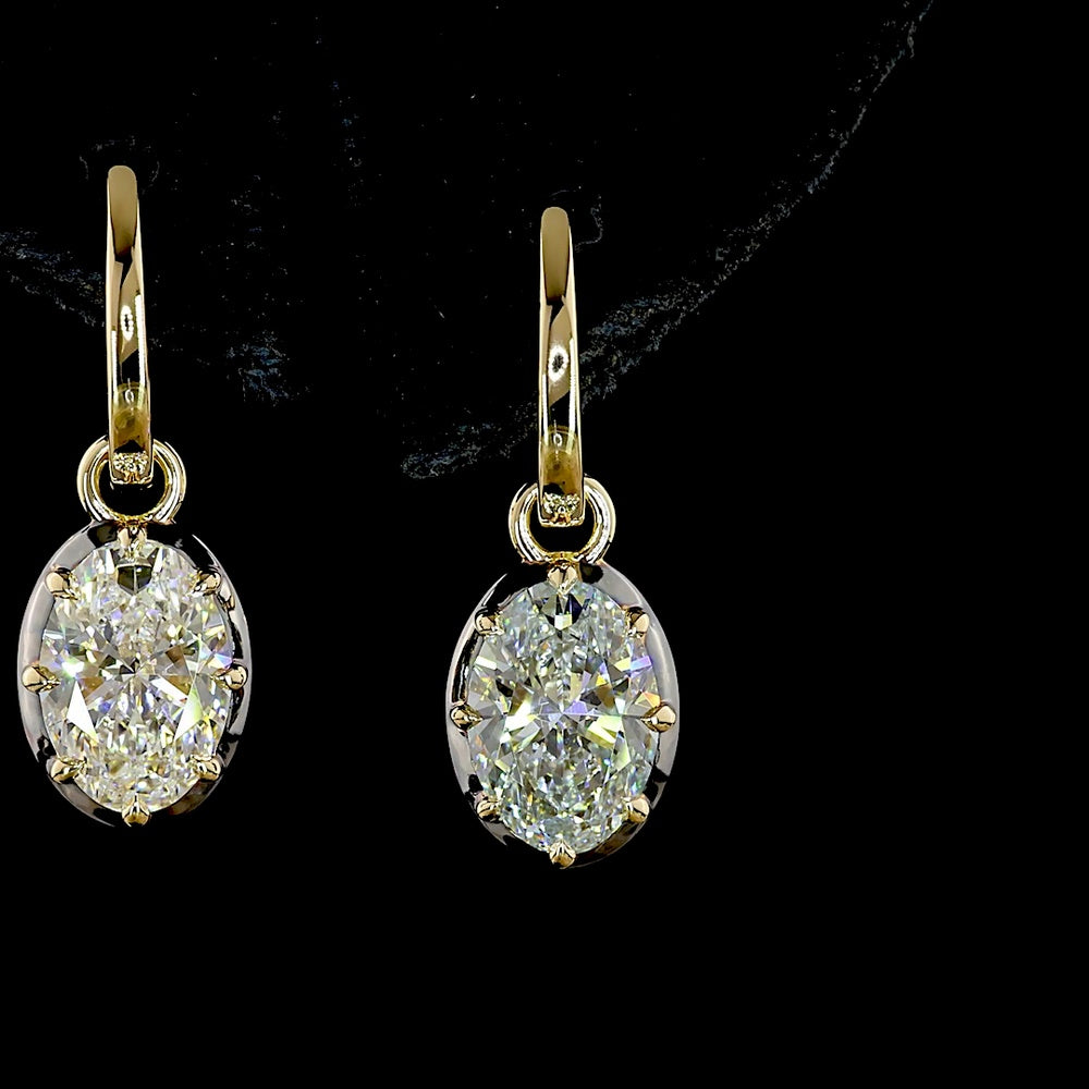 14K Yellow Gold Oval Hanging Earrings with Black Rhodium Bezel and Prong Set Lab Diamonds - 3.09 Carat Total Diamond Weight (E-F Color, VS1 Clarity) - Covaloro Fine Jewelry