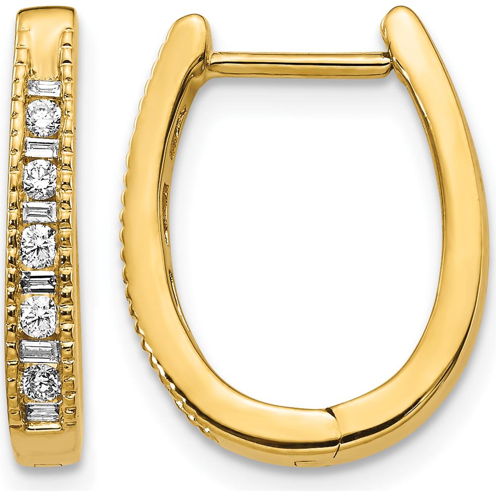14K Yellow Gold Oval Hinged Hoop Earrings with Round and Baguette Diamonds - 0.045 Carat Total Diamond Weight by Monteluci Fine Jewelry