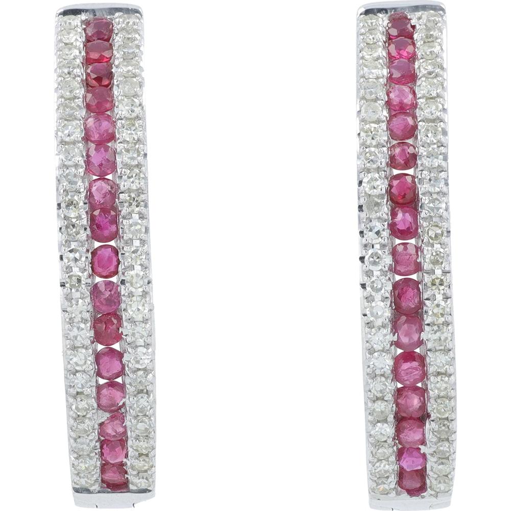 14K Yellow Gold Oval Hoop Earrings with Prong Set Rubies - 0.10 Carat Total Ruby Weight
