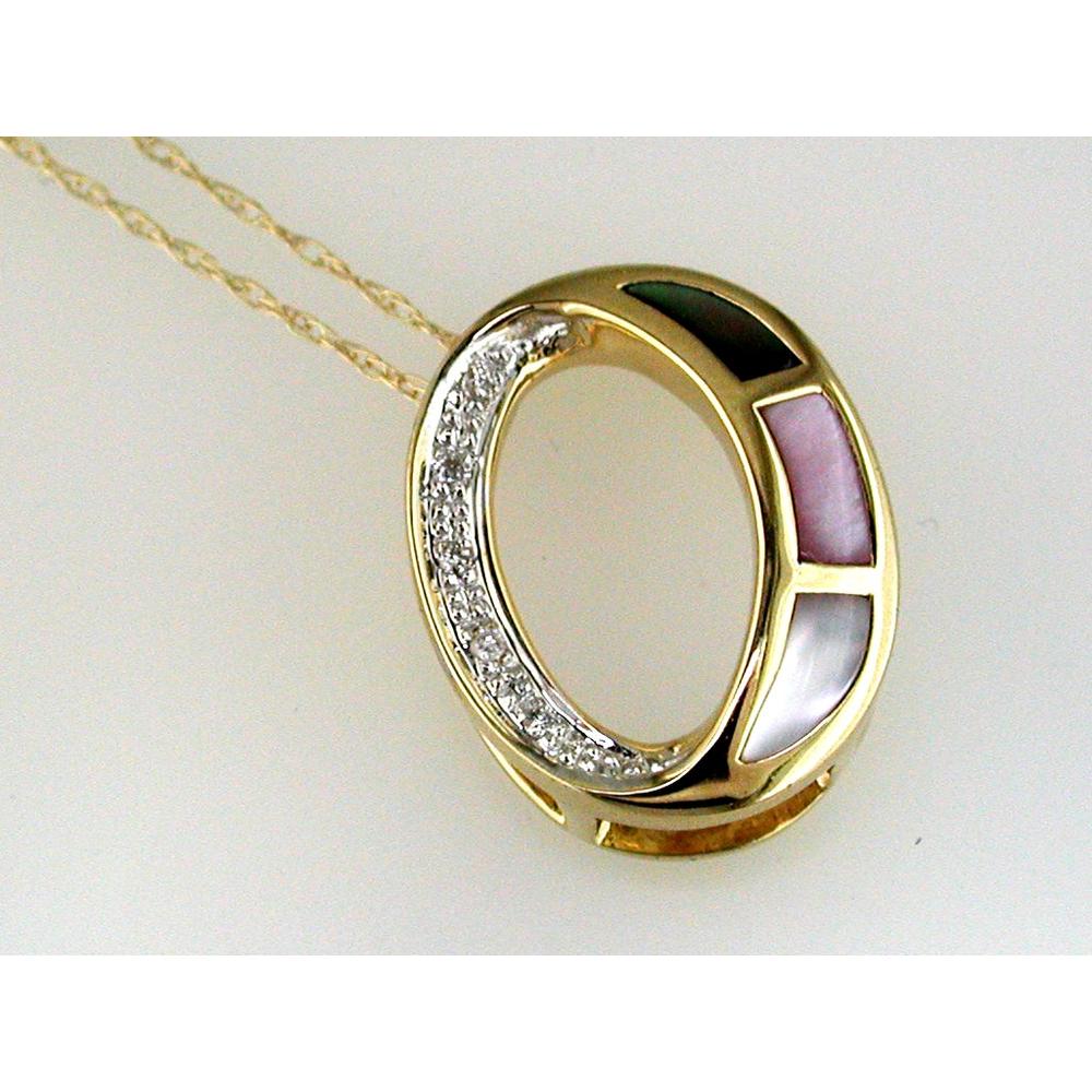 14K Yellow Gold Oval Initial Pendant with Round Diamond Accents and Mother of Pearl Inlay - 0.03 Carat Total Diamond Weight - Royal Jewelry