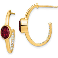 14K Yellow Gold Oval Lab-Created Ruby and Diamond J-Hoop Earrings - 1.08 Carat Total Ruby Weight, 0.01 Carat Total Diamond Weight by Monteluci Fine Jewelry