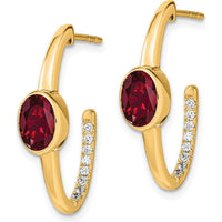 14K Yellow Gold Oval Lab-Created Ruby and Diamond J-Hoop Earrings - 1.08 Carat Total Ruby Weight, 0.01 Carat Total Diamond Weight by Monteluci Fine Jewelry